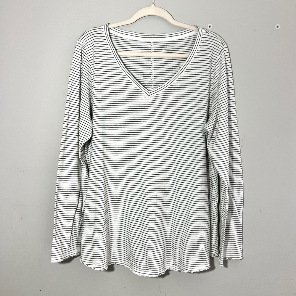 Eileen Fisher White Organic Cotton Pinstripe V-Neck Top Size XL